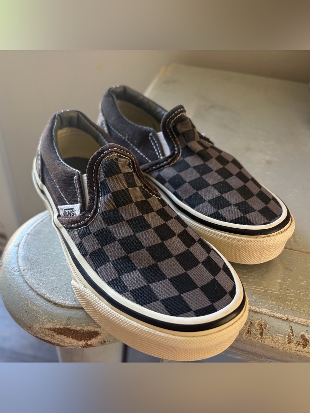 Vans kids size 11.5 like new black and gray checkerboard slip on shoes